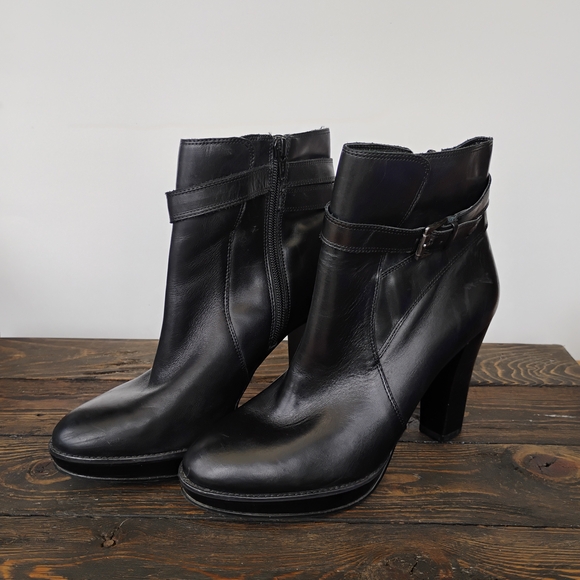 Arturo Chiang Primo Ankle Boots Size 8M Platform Black Leather Buckle Belt ZipUp - Picture 16 of 16